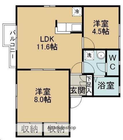 フレグランス柳生D棟(2LDK/1階)の間取り写真