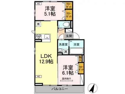 クレージュ大和町(2LDK/3階)の間取り写真