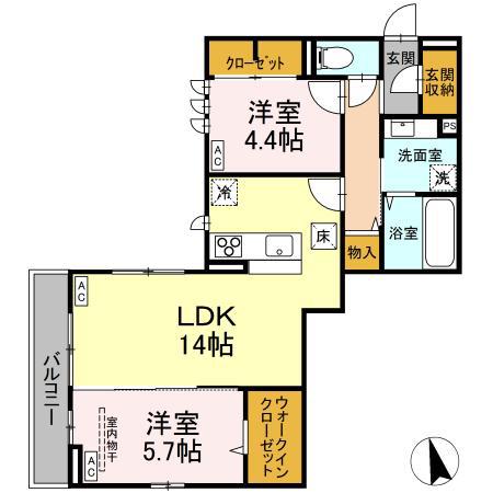 DーROOM六十人町 B(2LDK/1階)の間取り写真