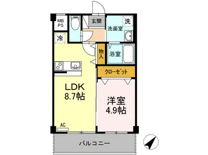ゆうこく東仙台(1LDK/2階)の間取り写真