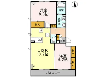 ルシエルブラン泉中央Ⅰ(2LDK/1階)の間取り写真