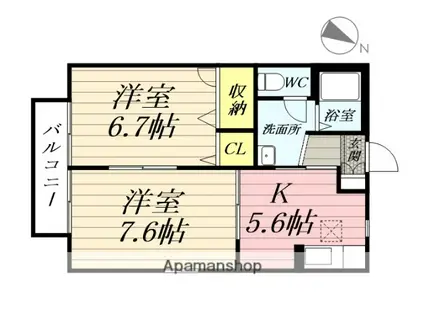仙台市地下鉄南北線 旭ケ丘駅(宮城) 徒歩19分 2階建 築24年(2K/1階)の間取り写真