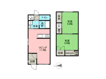 奥羽本線 秋田駅 バス乗車時間:20分 日産サティオ前バス停で下車 徒歩3分 2階建 築49年(2LDK)の間取り写真