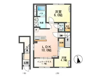 東牛谷アパートⅡ(2LDK/2階)の間取り写真