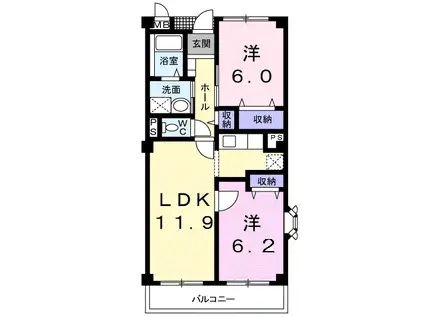 サンライズヴィラひたち野A棟(2LDK/2階)の間取り写真