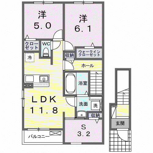 カレント レジデンス 下増田Ⅰ(2LDK/2階)の間取り写真