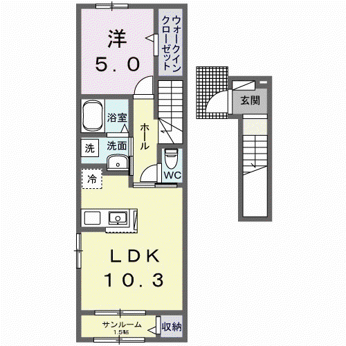 ミルホイール1(1LDK/2階)の間取り写真