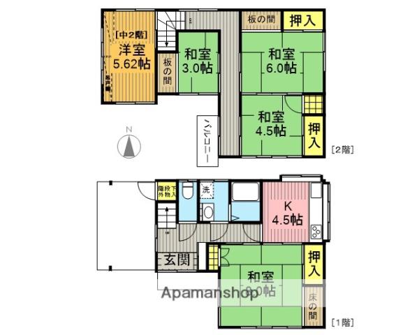 高崎線 桶川駅 徒歩29分 2階建 築54年(5K)の間取り写真
