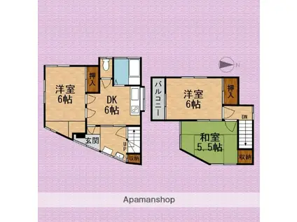 東武鉄道東上線 新河岸駅 徒歩15分 2階建 築60年(3DK)の間取り写真