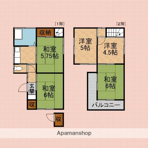 東武鉄道東上線 上福岡駅 バス乗車時間:9分 松ヶ丘住宅入口バス停で下車 徒歩2分 2階建 築58年(5K)の間取り写真