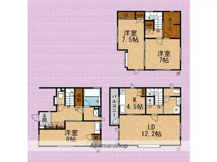東武鉄道東上線 朝霞駅 徒歩6分 3階建 築29年(3LDK)の間取り写真