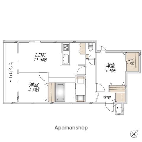 レジデンスヒューゲル鶴ヶ丘Ⅱ(2LDK/2階)の間取り写真