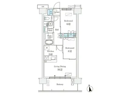スカイグランデ津田沼(2LDK/5階)の間取り写真
