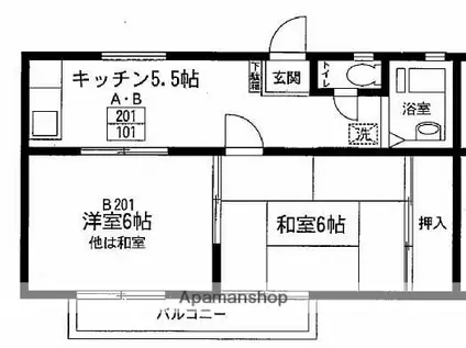 フェリシティハイツB棟(2K/2階)の間取り写真