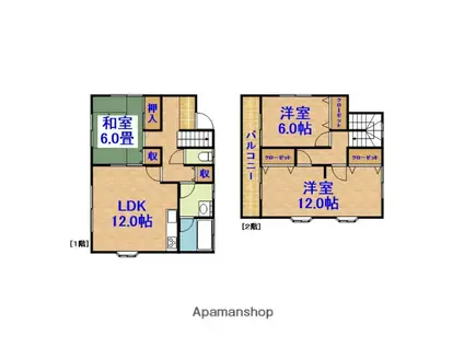 外房線 茂原駅 バス乗車時間:18分 日当バス停で下車 徒歩12分 2階建 築30年(3LDK)の間取り写真