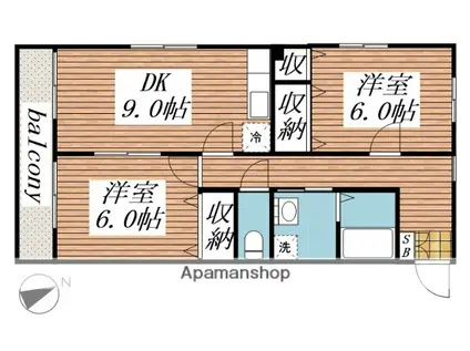 サンライズ万葉B棟(2DK/1階)の間取り写真