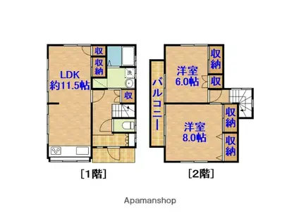 内房線 五井駅 徒歩24分 2階建 築44年(2LDK)の間取り写真