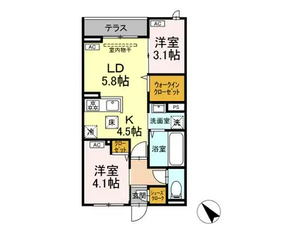 セレスティア白鳥(2LDK/1階)の間取り写真