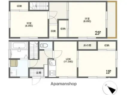 東京都大江戸線 光が丘駅 徒歩26分 2階建 築42年(2LDK)の間取り写真