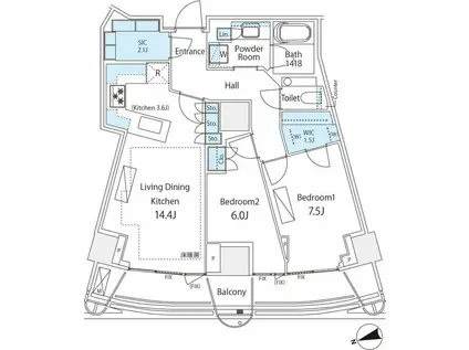 パークコート神宮北参道 ザ タワー(2LDK/18階)の間取り写真