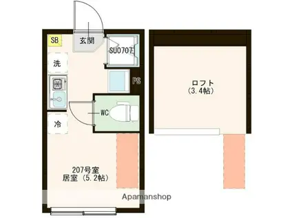 ハーモニーテラス高松Ⅰ(ワンルーム/2階)の間取り写真