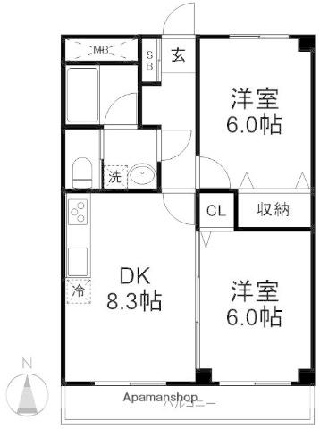 ハイラーク五反田(2DK/9階)の間取り写真