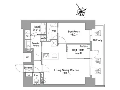 バウスフラッツ蔵前(2LDK/6階)の間取り写真