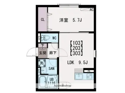 IXO東保木間(1LDK/3階)の間取り写真