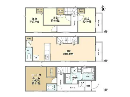 東京地下鉄南北線 王子神谷駅 徒歩15分 3階建 築2年(3SLDK)の間取り写真