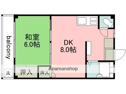 西調布ハイコーポ(1DK/3階)の間取り写真