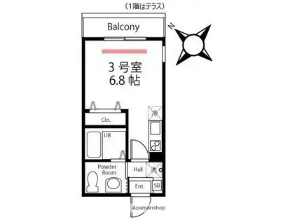 ハーミットクラブハウスプティバッセⅡ(ワンルーム/2階)の間取り写真