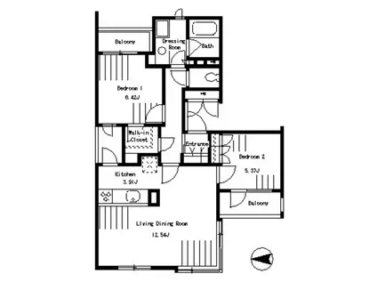 セントラルヒル鶴見W棟(2LDK/2階)の間取り写真