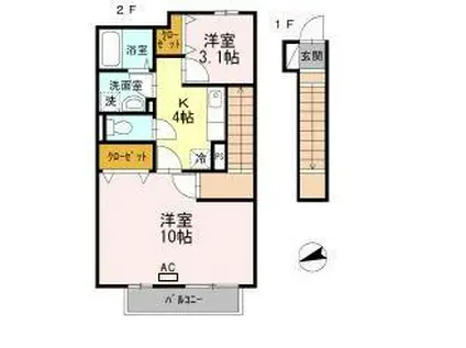 レセンテ野川A棟(2K/2階)の間取り写真