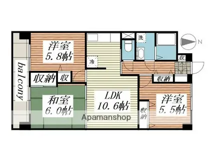 サニープレイス(3LDK/4階)の間取り写真