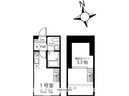 ハーミットクラブハウス横浜三ッ沢下町(1K/1階)の間取り写真