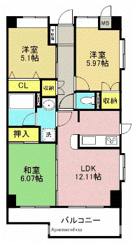 コスモリード本厚木(2SLDK/5階)の間取り写真