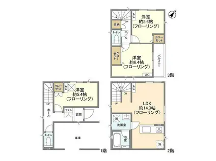 横浜線 大口駅 徒歩11分 3階建 築4年(3LDK)の間取り写真
