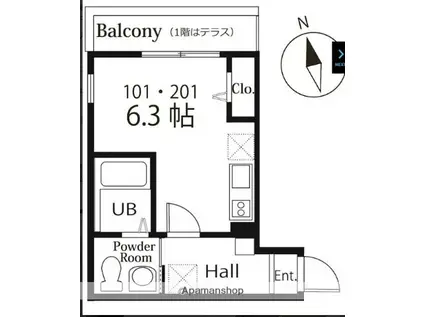 ハーミットクラブハウスCHERRY(ワンルーム/1階)の間取り写真