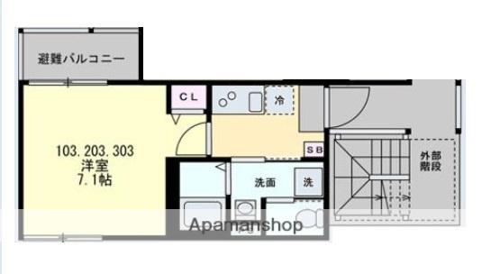 ベイルーム十日市場(1K/2階)の間取り写真