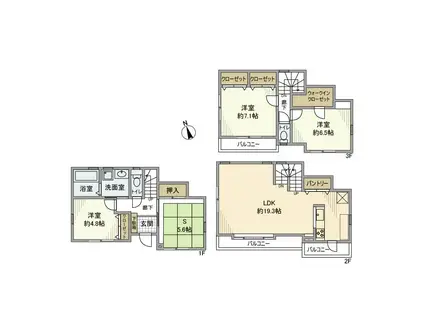 京浜東北・根岸線 山手駅 徒歩19分 3階建 築13年(3SLDK)の間取り写真