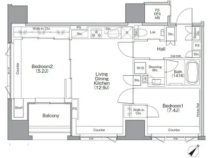 ザ・パークハビオSOHO横浜関内(2LDK/12階)の間取り写真