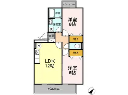 アルファタウン秦野新町 B棟(2LDK/2階)の間取り写真