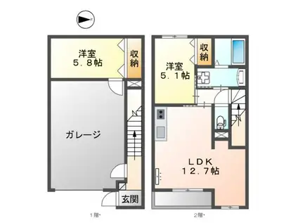 厚木市恩名ガレージハウス(2LDK/1階)の間取り写真
