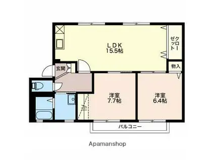 グリーンビレッジA棟(2LDK/1階)の間取り写真