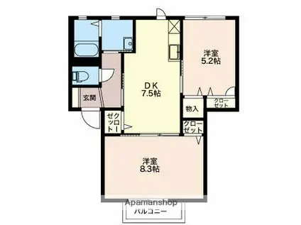 オプチマム B棟(2DK/1階)の間取り写真