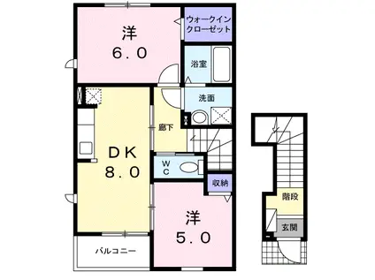 ベルズかたかごB(2DK/2階)の間取り写真