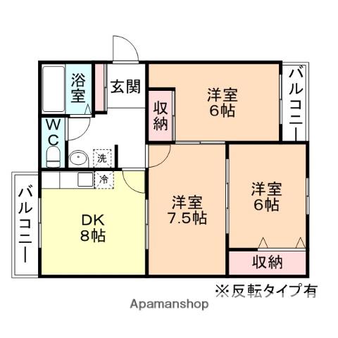 コンチネンタル布瀬Ⅱ(3DK/2階)の間取り写真
