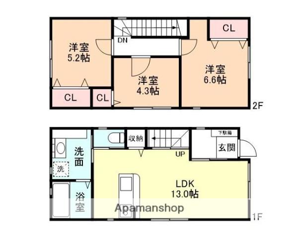 富山地鉄富山港線 奥田中学校前駅 徒歩3分 2階建 築3年(2SLDK)の間取り写真