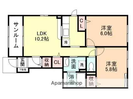 FIFTY-FIFTYC棟(2LDK/1階)の間取り写真