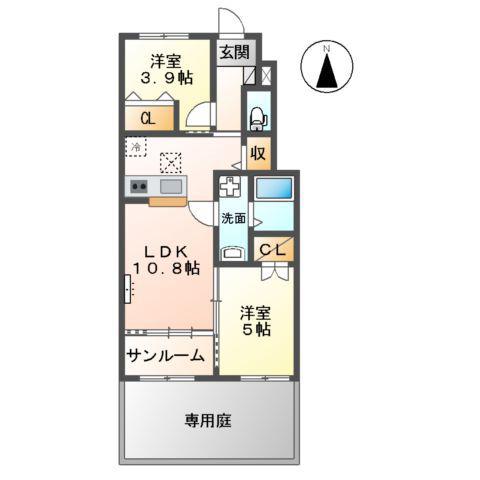 富山市黒崎アパート(2LDK/1階)の間取り写真